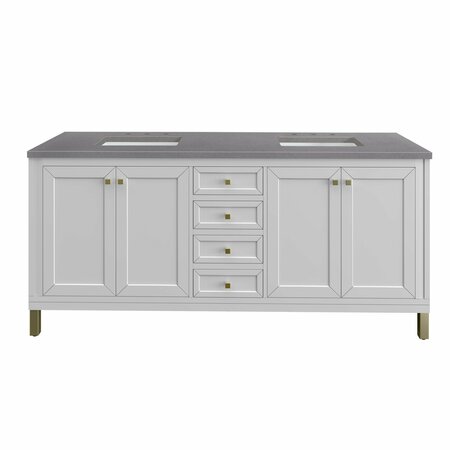 JAMES MARTIN VANITIES Chicago 72in Double Vanity, Glossy White w/ 3 CM Grey Expo Top 305-V72-GW-3GEX